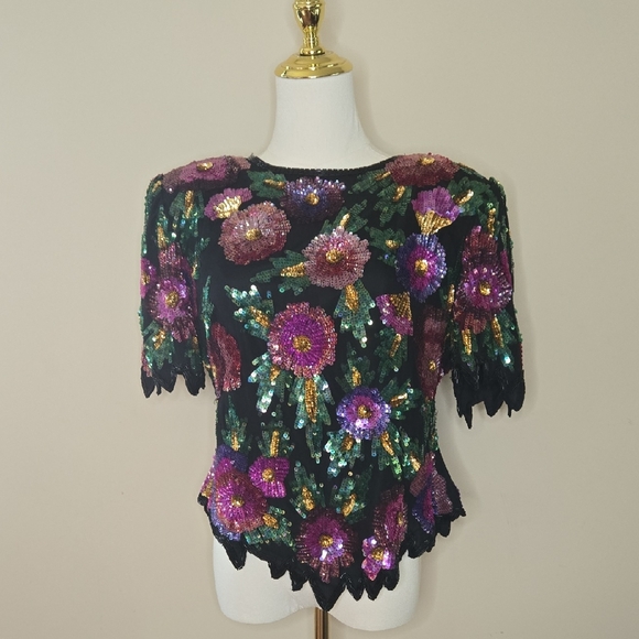 Laurence Kazar Vintage 80s Sequin Floral Beaded Top Black Silk Party Blouse M